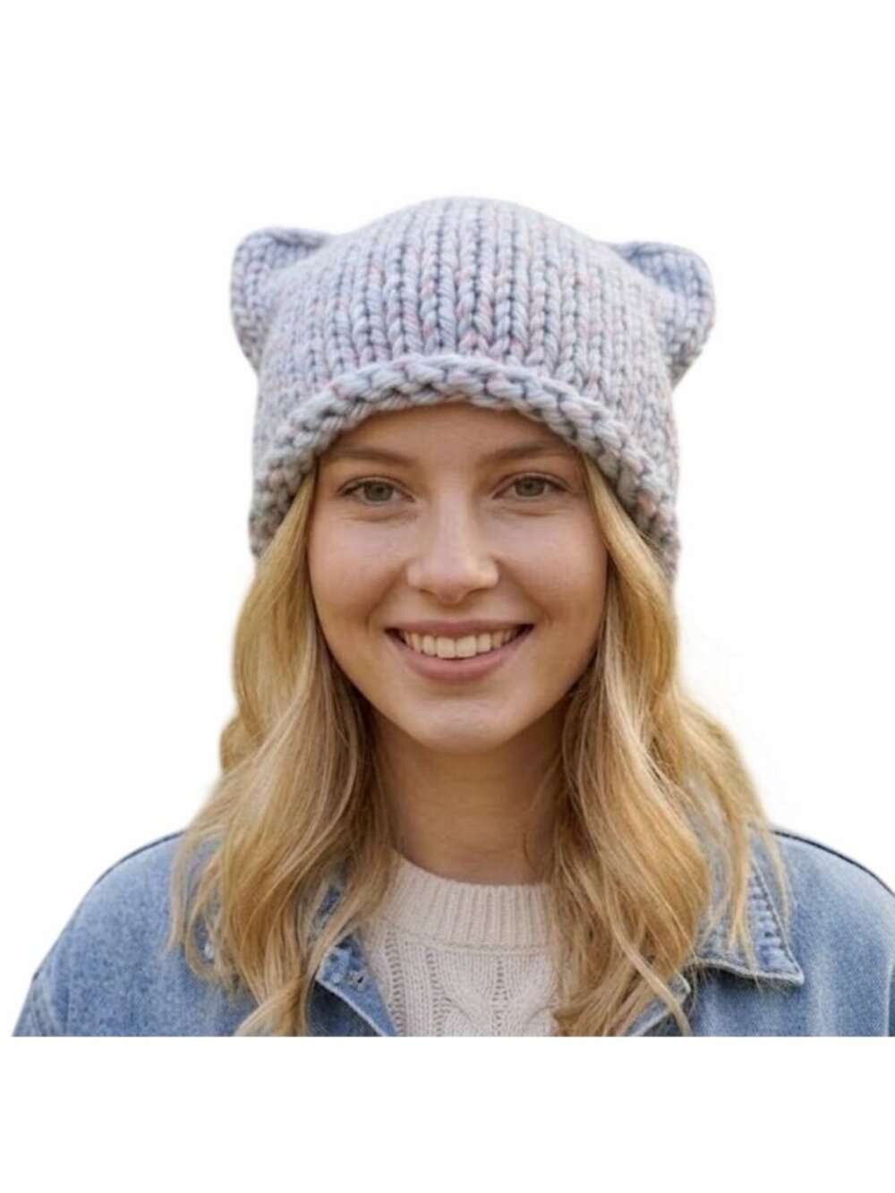 Hand Knit Chunky Cat Ear Beanie Hat Blue Pink Speckled Soft Cozy OS Adult New